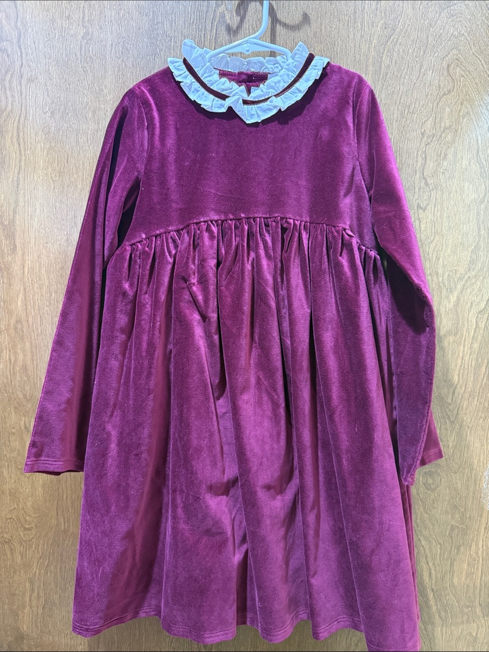 Girls' Velvet Long-Sleeve Formal Dress with Ruffle Collar - Plum